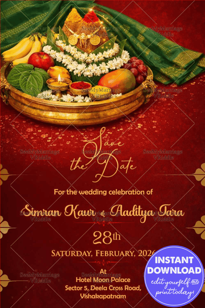 Save the Date Card with Auspicious Kalash, Fruits Platter & Rich Red-Gold Wedding Theme