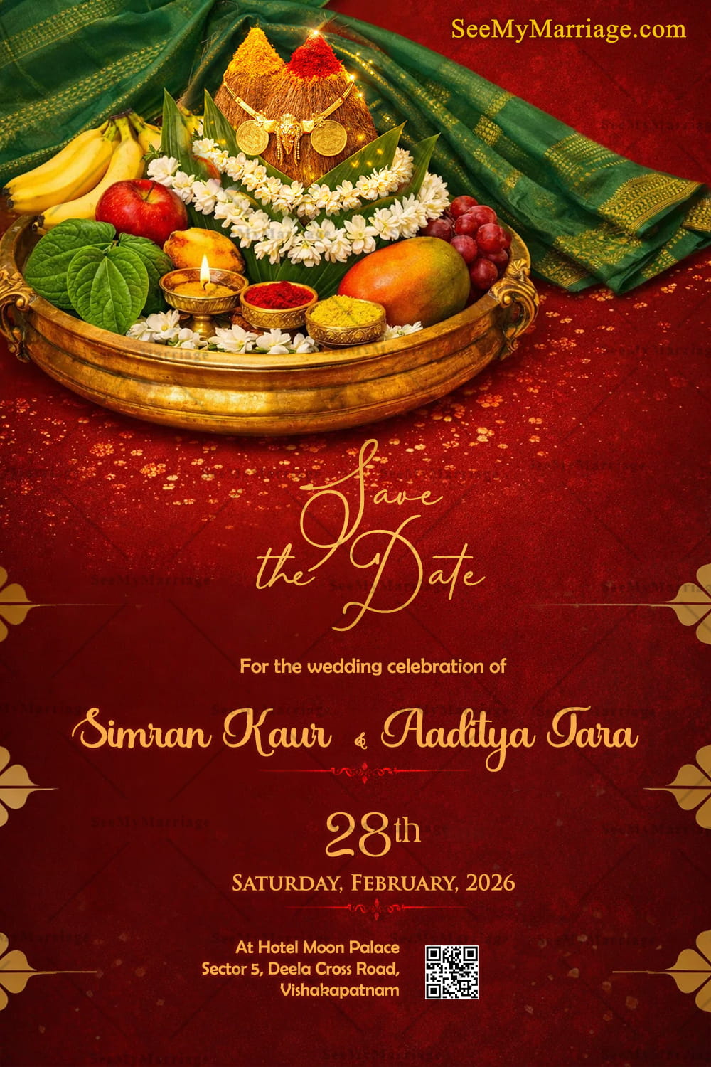Save the Date Card with Auspicious Kalash, Fruits Platter & Rich Red-Gold Wedding Theme