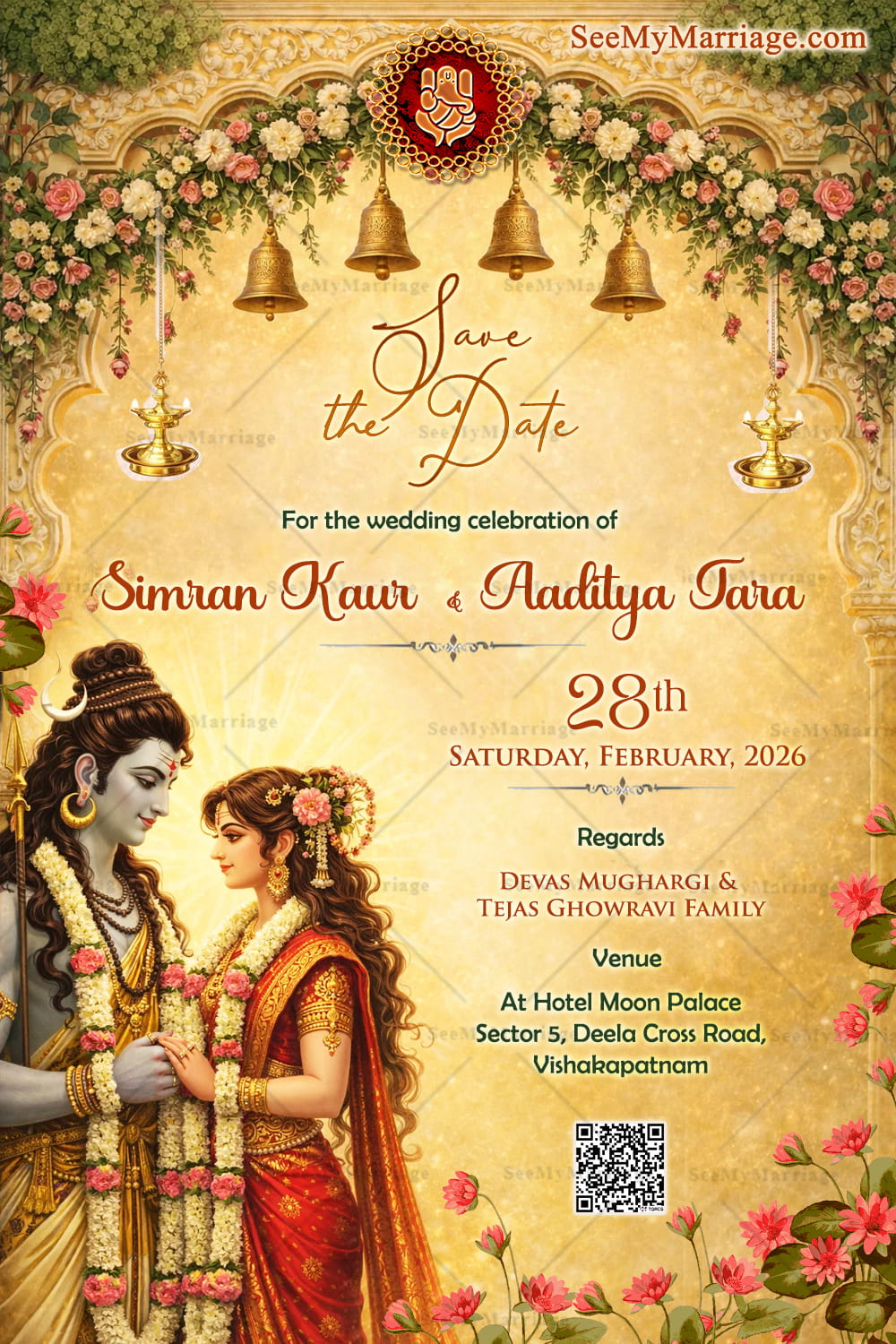 Shiva–Parvati Save the Date Wedding Card with Golden Floral Arch, Temple Bells & Lotus Accents
