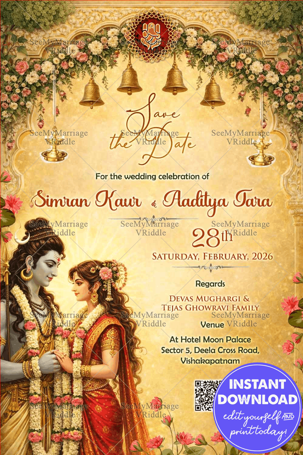 Shiva–Parvati Save the Date Wedding Card with Golden Floral Arch, Temple Bells & Lotus Accents