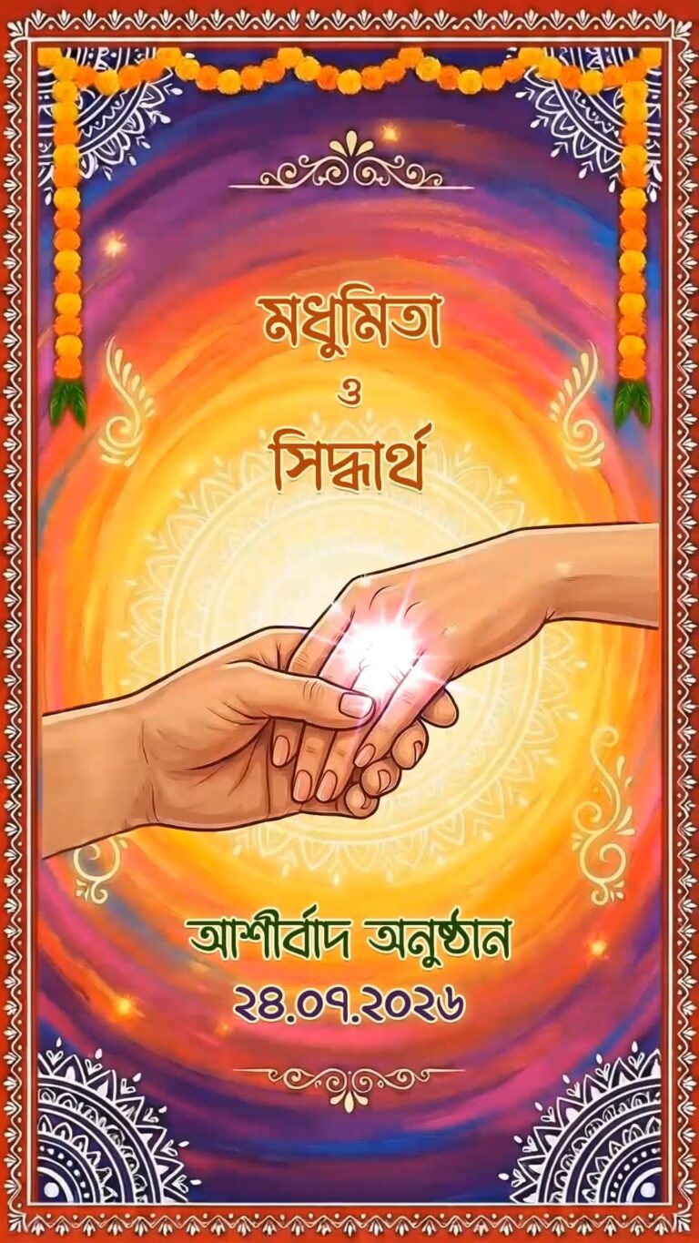 Shubho Ashirbad Bengali Engagement Digital Invitation Video with Cartoon Family and Rainbow Glow Background