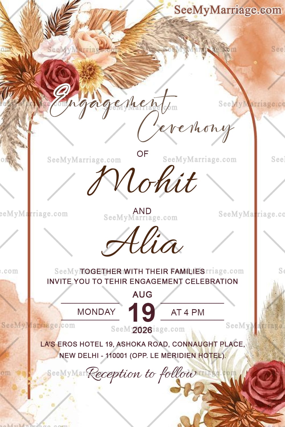 Soft Neutral Engagement Invitation Card with Featuring Dried Floral Elements, Pampas Grass & Modern Arch Design