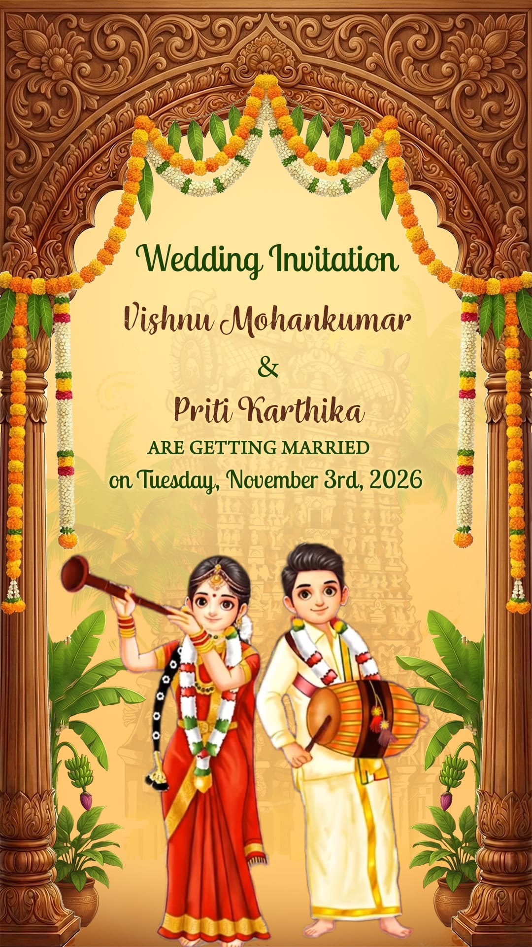 South Indian Wedding Invitation Video Beautiful Union Of Two Loving Hearts, Floral Toran & Musical Bride–Groom Illustration