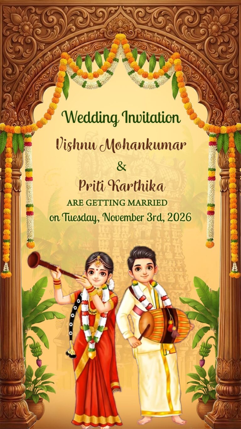 South Indian Wedding Invitation Video Beautiful Union Of Two Loving Hearts, Floral Toran & Musical Bride–Groom Illustration
