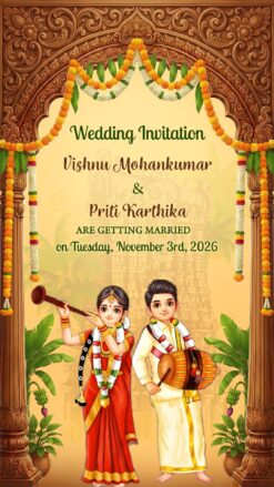 South Indian Wedding Invitation Video Beautiful Union Of Two Loving Hearts, Floral Toran & Musical Bride–Groom Illustration