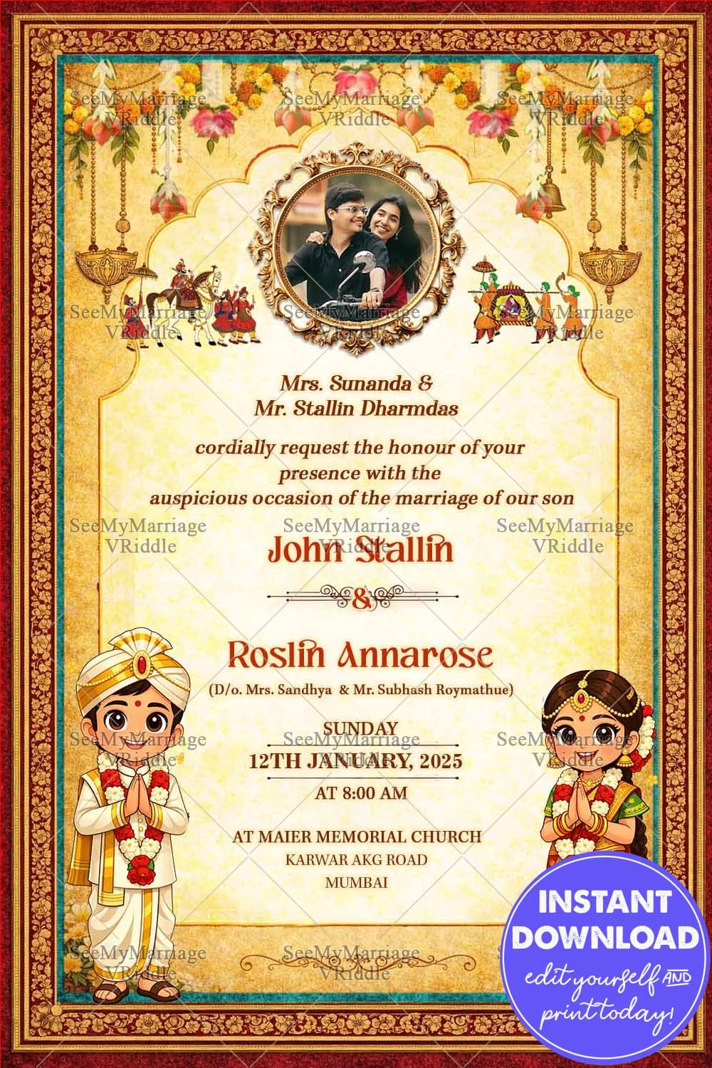 South Indian Wedding Invitation with Ornate Temple Arch, Floral Torans & Cute Cartoon Bride–Groom Accents