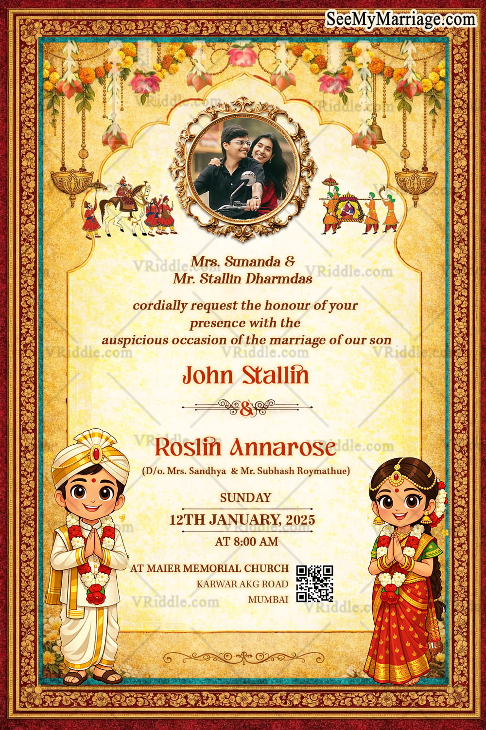 South Indian Wedding Invitation with Ornate Temple Arch, Floral Torans & Cute Cartoon Bride–Groom Accents