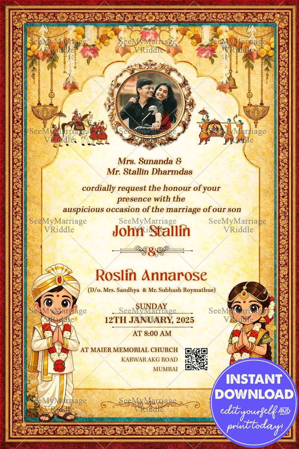 South Indian Wedding Invitation with Ornate Temple Arch, Floral Torans & Cute Cartoon Bride–Groom Accents