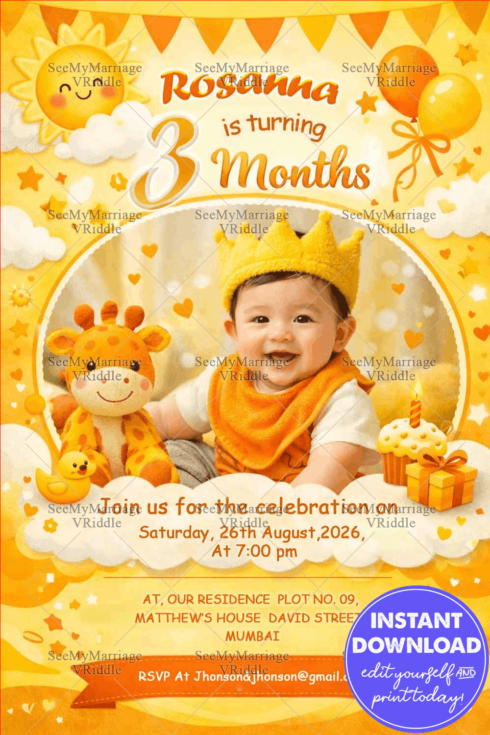 Sunshine Baby Monthly Birthday Invitation with Smiling Sun, Golden Crown Baby & Warm Yellow Celebration Theme