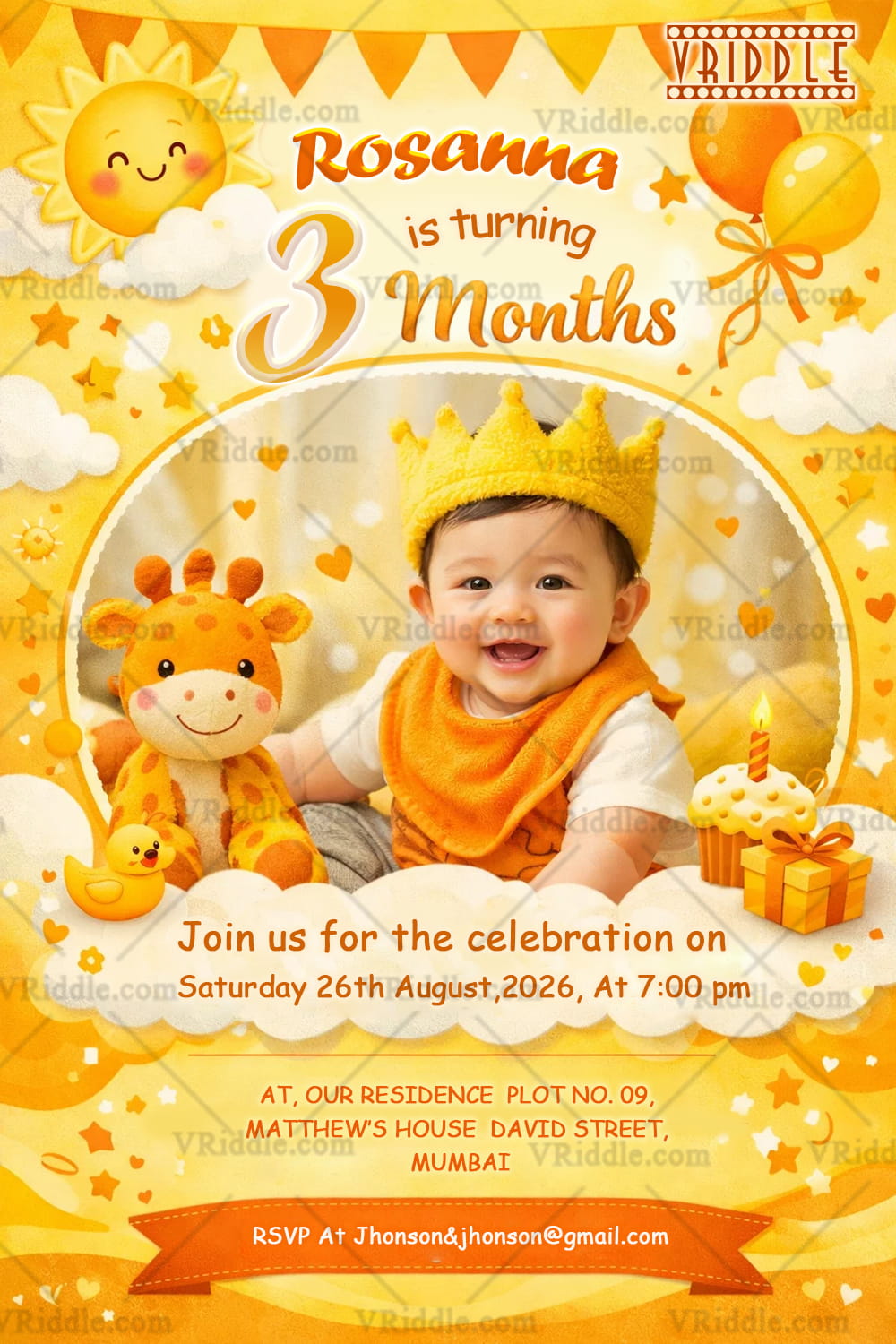 Sunshine Baby Monthly Birthday Invitation with Smiling Sun, Golden Crown Baby & Warm Yellow Celebration Theme