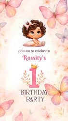 Sweet Butterfly-Themed First Birthday Invitation Video with Cute Baby Girl Illustration, Soft Pastel Florals and Fluttering Butterflies