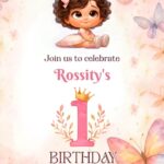 Sweet Butterfly-Themed First Birthday Invitation Video with Cute Baby Girl Illustration, Soft Pastel Florals and Fluttering Butterflies
