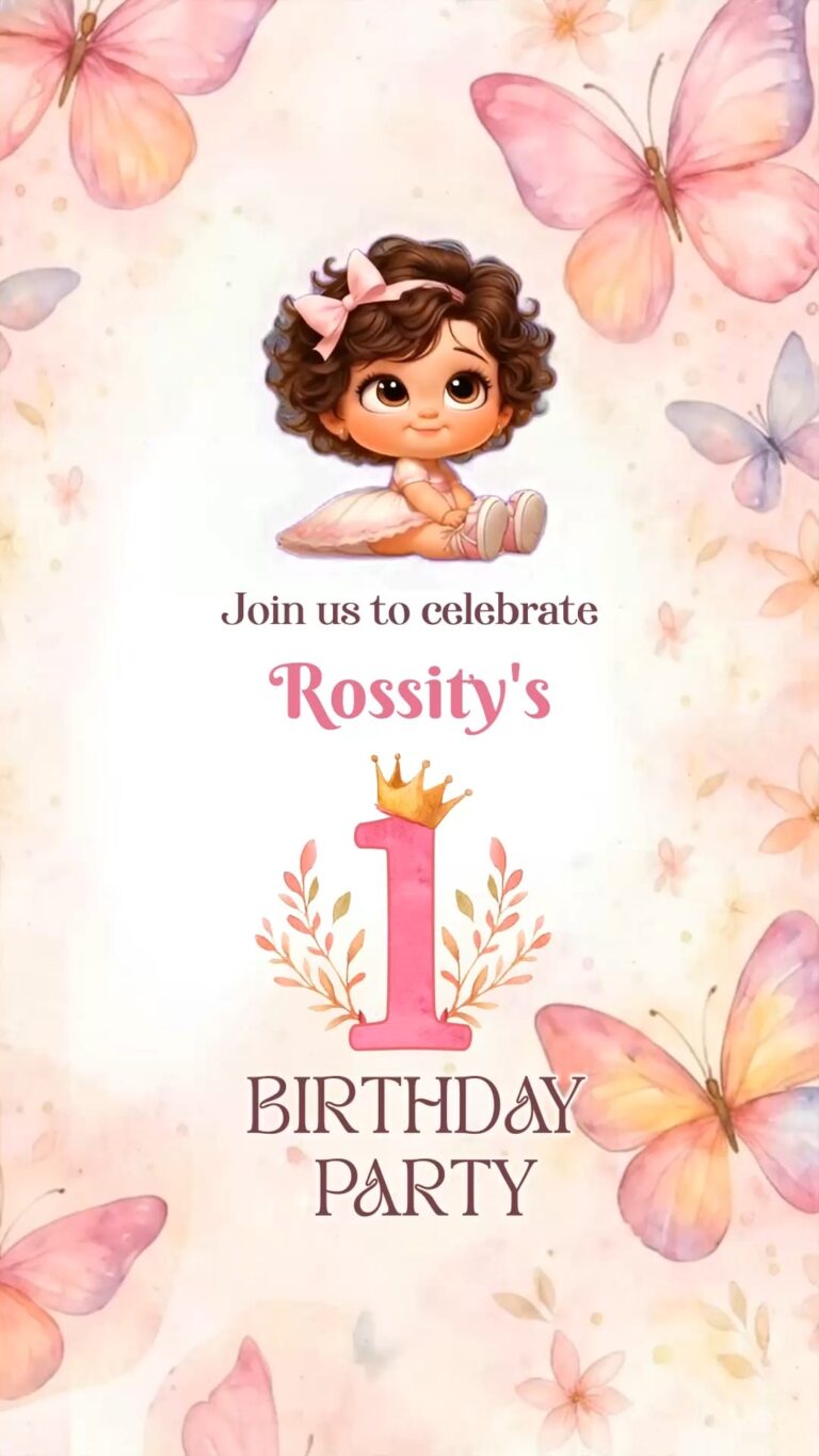 Sweet Butterfly-Themed First Birthday Invitation Video with Cute Baby Girl Illustration, Soft Pastel Florals and Fluttering Butterflies