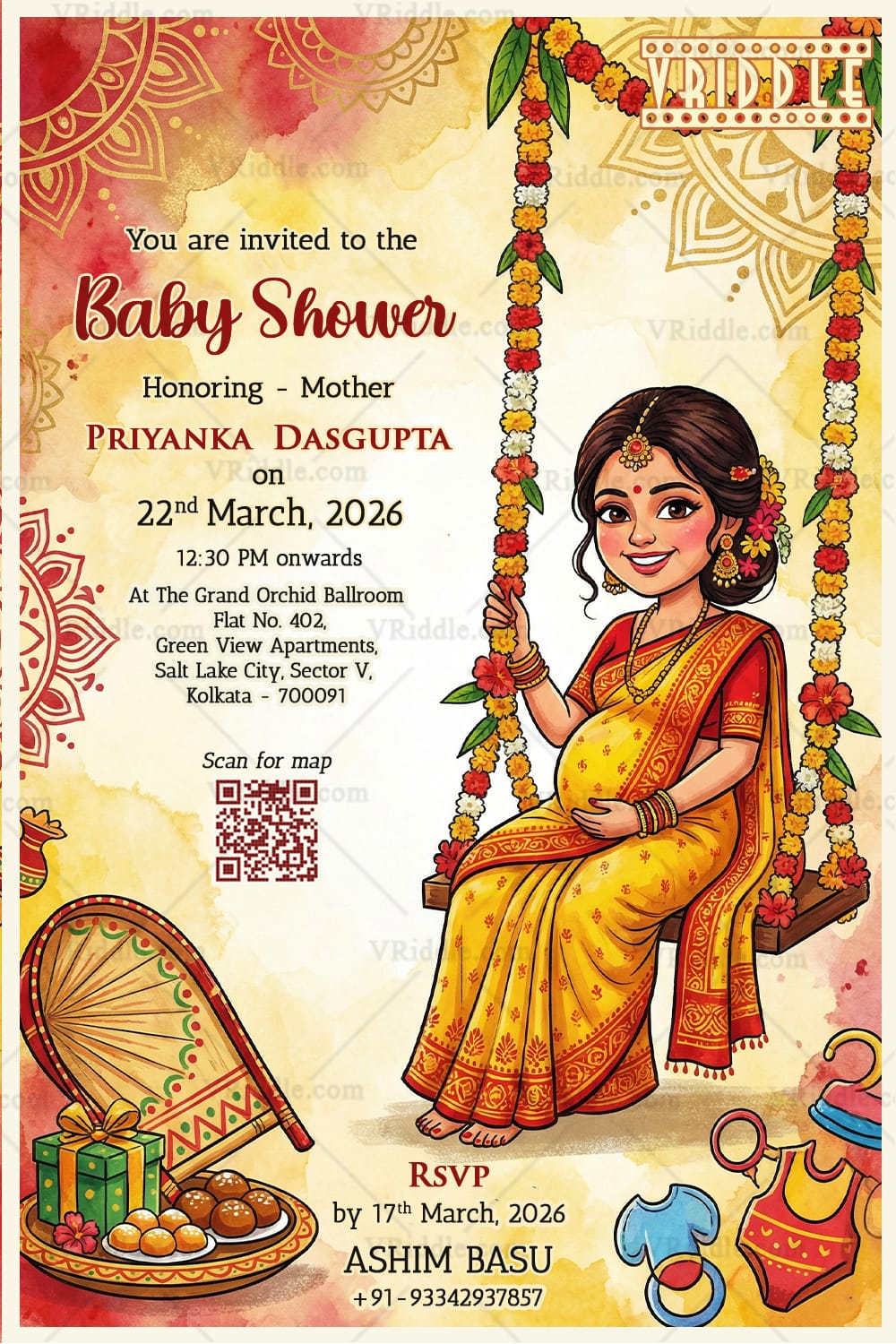 Swing BG Bengali Shad Invitation Card with Smiling Mom-to-Be, Marigold Garlands, Mandala Accents