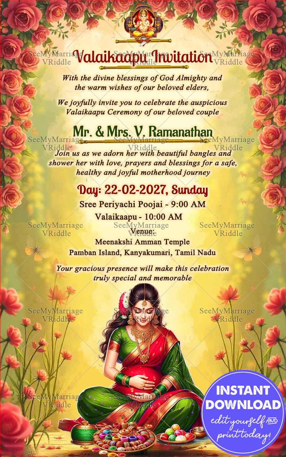 Tamil ValaiKaapu Invitation Card with Rose-Lined Garden Border and a Serene South Indian Motherhood Illustration
