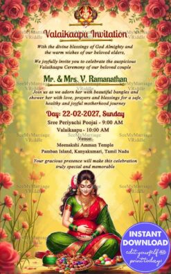 Tamil ValaiKaapu Invitation Card with Rose-Lined Garden Border and a Serene South Indian Motherhood Illustration
