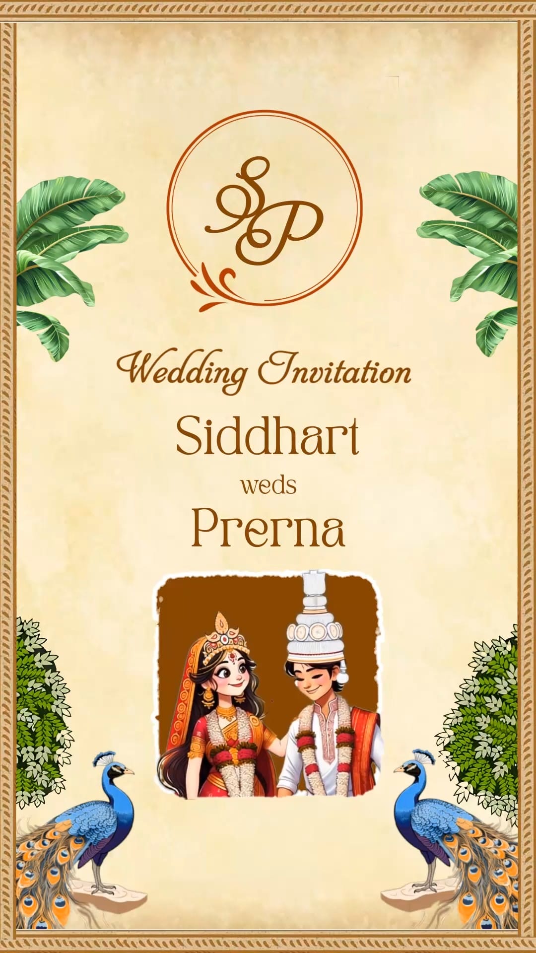 Timeless Bengali Wedding Invitation Video with Add Photo, Peacock Motifs and Haldi, Mehendi, Reception