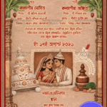 Traditional Bengali Wedding Invitation with Banana Pillars, Shola Art Motifs & Classic Bridal Illustrations