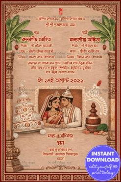 Traditional Bengali Wedding Invitation with Banana Pillars, Shola Art Motifs & Classic Bridal Illustrations