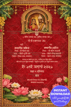Traditional Bengali Wedding Invitation with Red Royal Arch, Sacred Symbols & Lotus Floral Elegance