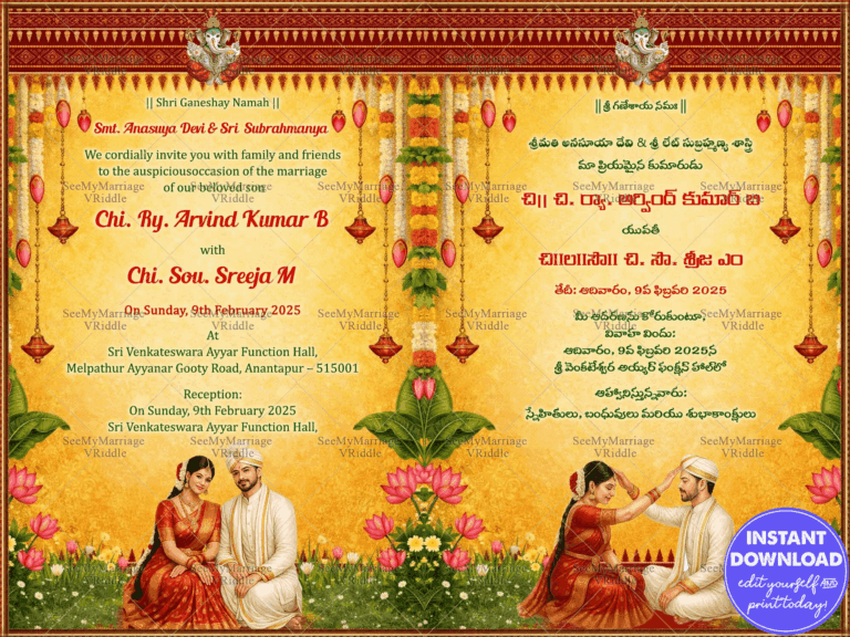 Traditional Telugu–English Wedding Invitation with Marigold Toran, Hanging Diyas & Lotus Garden Couple Illustrations