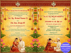 Traditional Telugu–English Wedding Invitation with Marigold Toran, Hanging Diyas & Lotus Garden Couple Illustrations