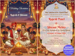 Two Fold Gujarati Wedding Invitation Card with Sacred Agni Ritual, Festive Lantern Lights and Traditional Indian Wedding Decor