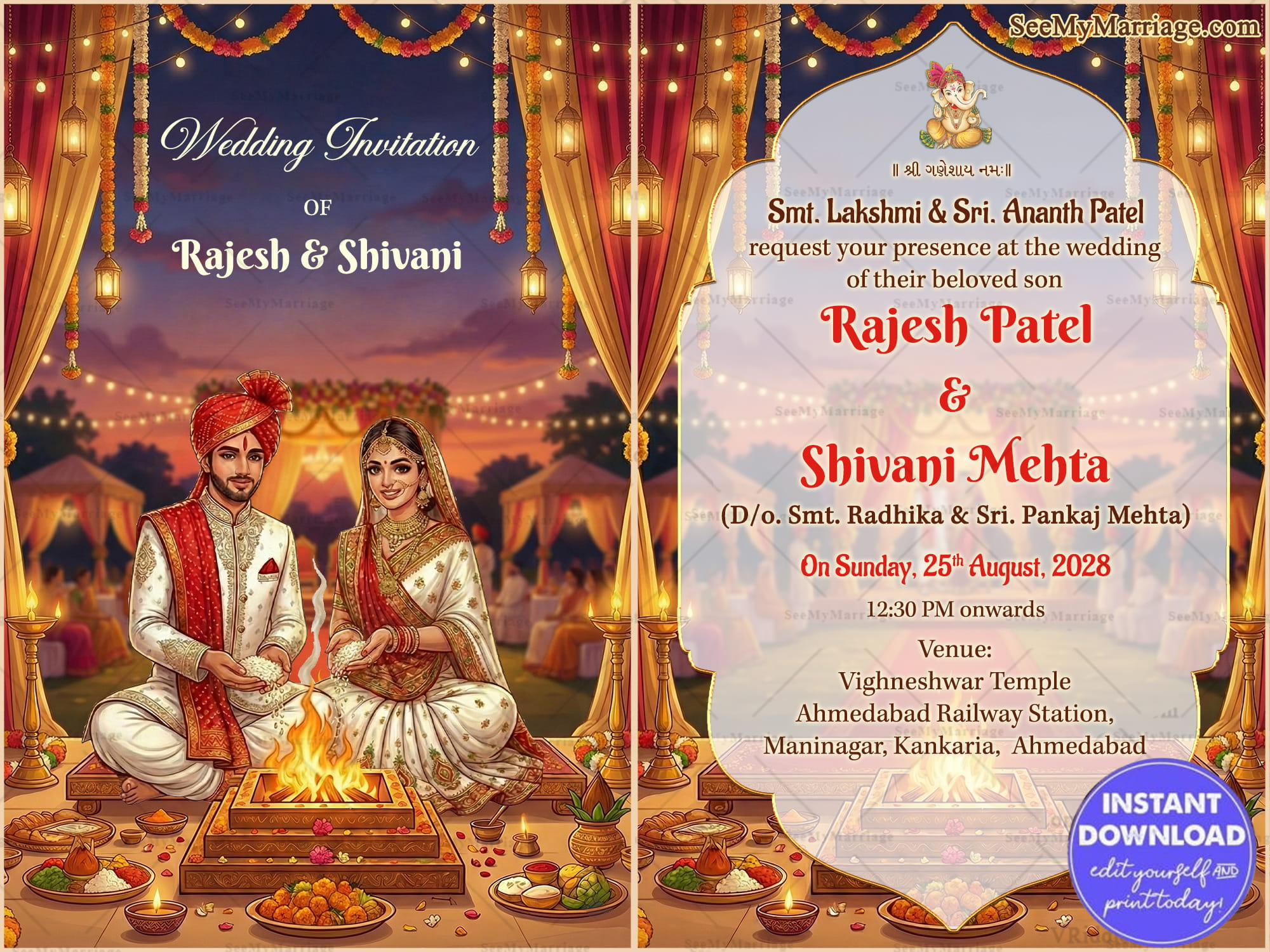 Two Fold Gujarati Wedding Invitation Card with Sacred Agni Ritual, Festive Lantern Lights and Traditional Indian Wedding Decor
