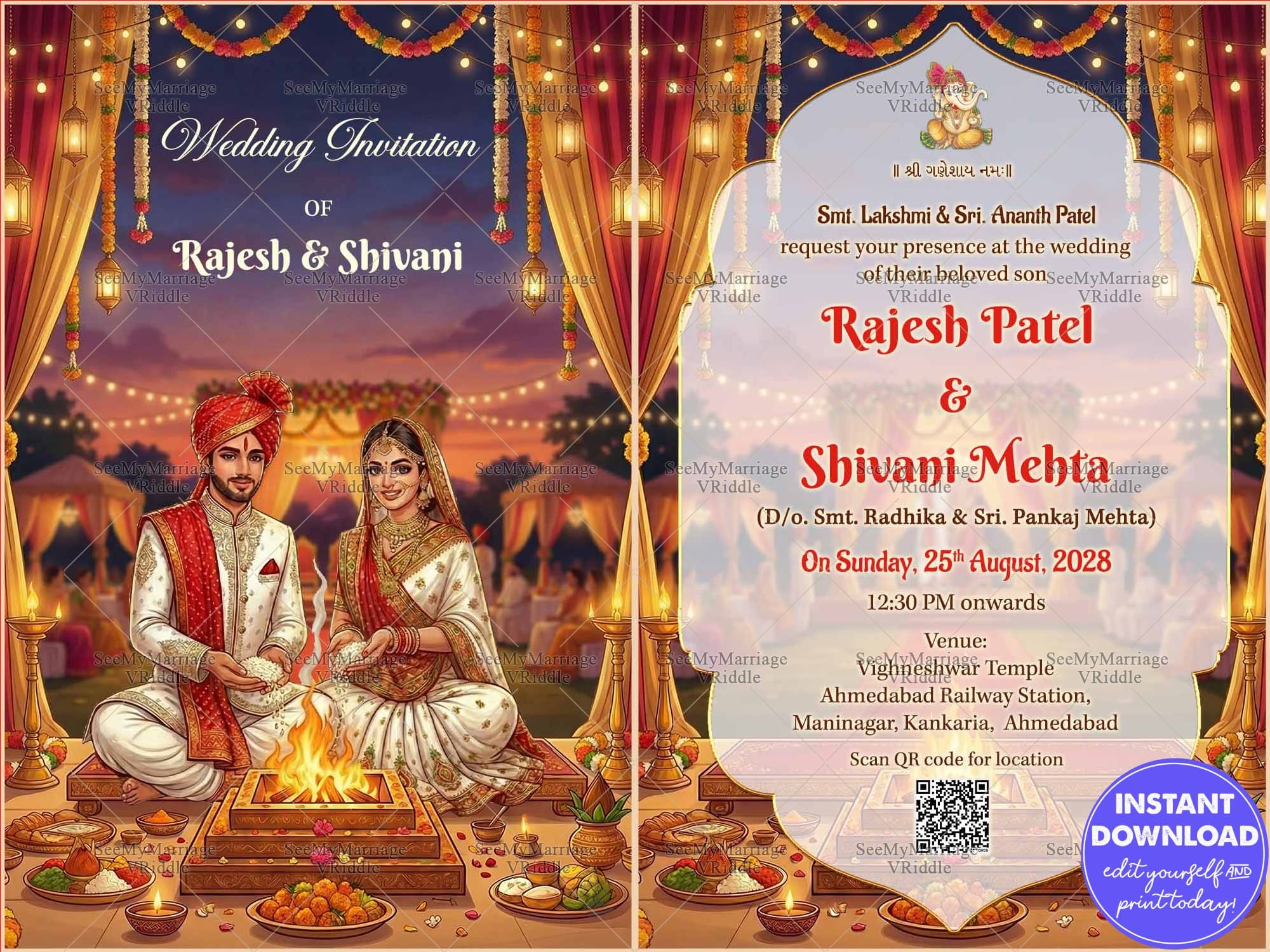 Two Fold Gujarati Wedding Invitation Card with Sacred Agni Ritual, Festive Lantern Lights and Traditional Indian Wedding Decor