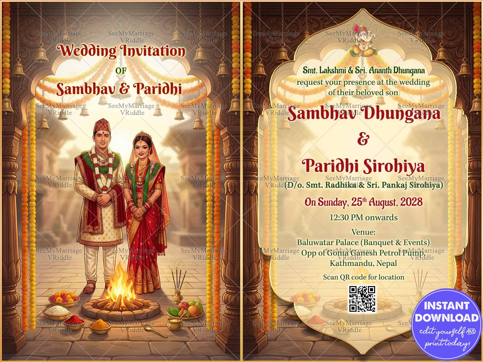 Two Leaf Nepali Wedding Invitation Card with Grand Temple Pillar Arches, Marigold Garlands and Couple Illustration