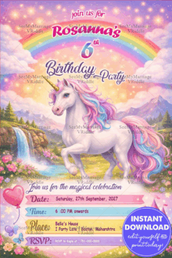 Unicorn Rainbow Birthday Invitation with Fairytale Landscape, Sparkling Sky & Pastel Fantasy Charm