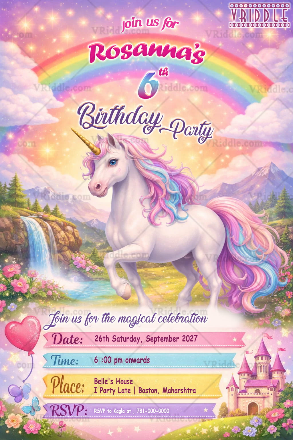 Unicorn Rainbow Birthday Invitation with Fairytale Landscape, Sparkling Sky & Pastel Fantasy Charm