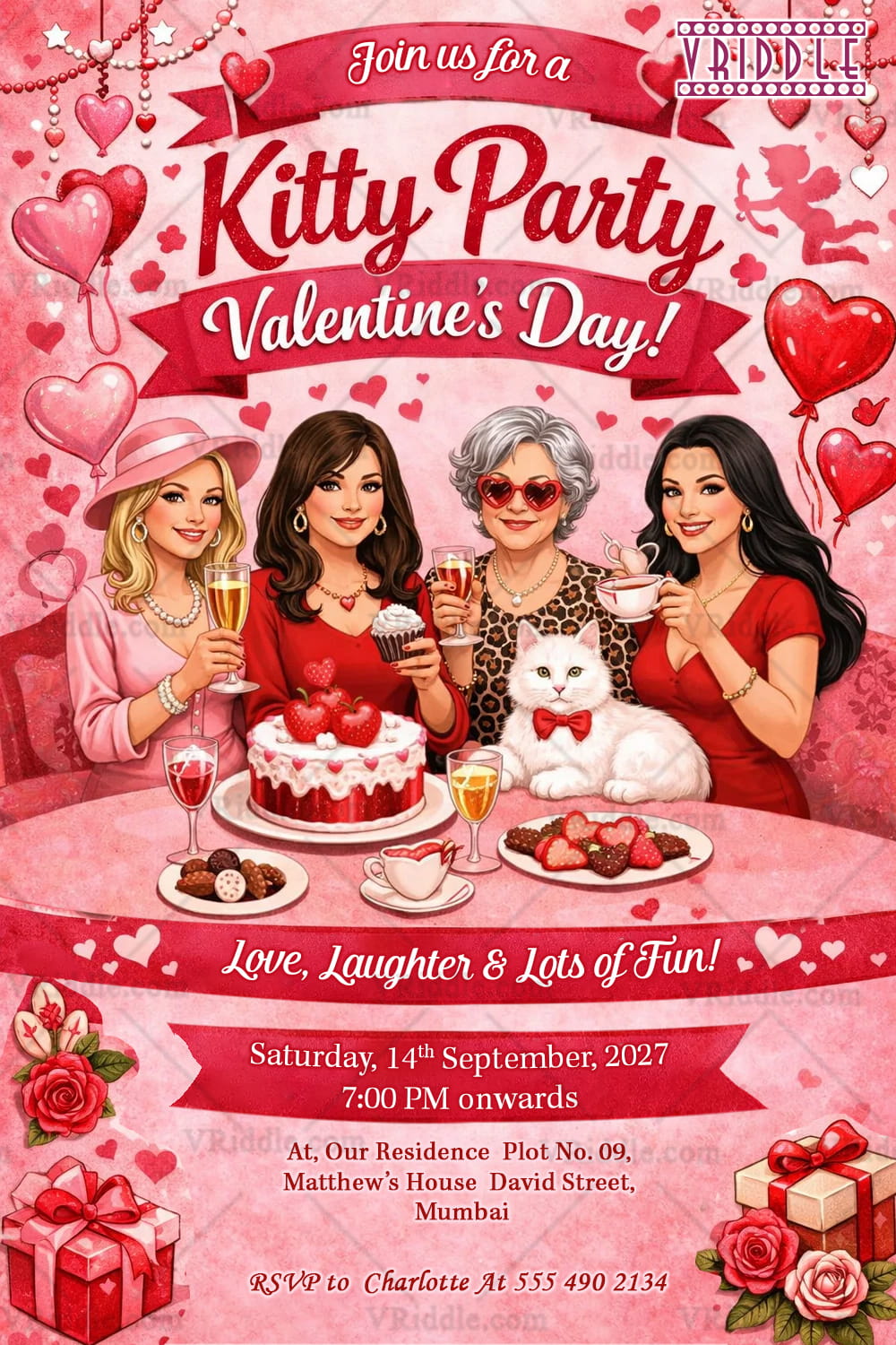 Valentine’s Day Kitty Party Invitation with Heart Balloons, Glam Ladies & Sweet Dessert Table Theme