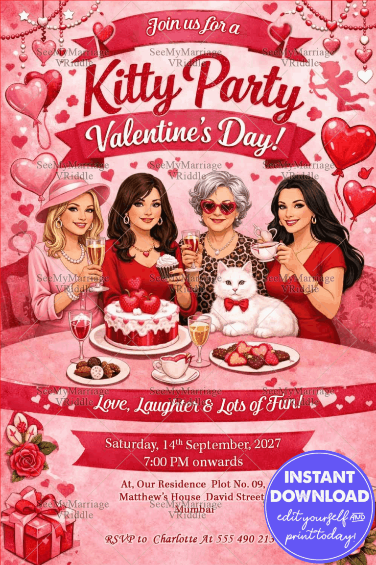 Valentine’s Day Kitty Party Invitation with Heart Balloons, Glam Ladies & Sweet Dessert Table Theme