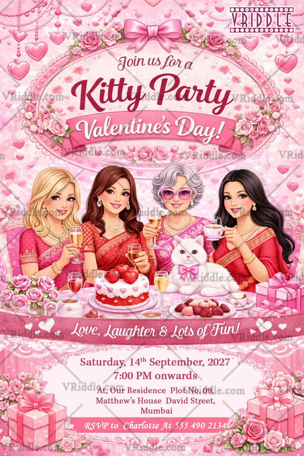 Valentine’s Day Kitty Party Invitation with Pink Roses, Heart Décor & Glam Ladies Celebration Theme