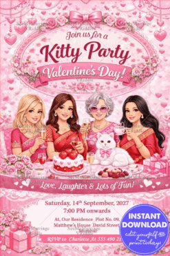Valentine’s Day Kitty Party Invitation with Pink Roses, Heart Décor & Glam Ladies Celebration Theme