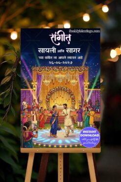 Vibrant Marathi Sangeet Night Welcome Banner with Grand Floral Stage, Live Band Performances and Joyful Couple Dance Celebration