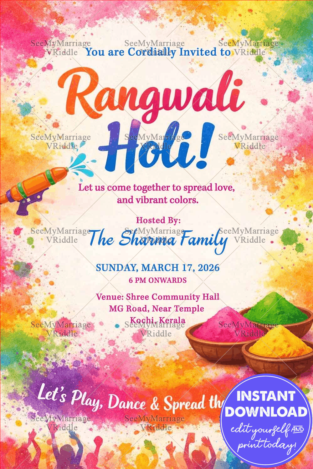 Vibrant Rangwali Holi Invitation with Color Splashes, Pichkari Fun & Festive Energy