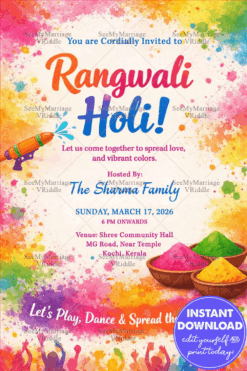 Vibrant Rangwali Holi Invitation with Color Splashes, Pichkari Fun & Festive Energy