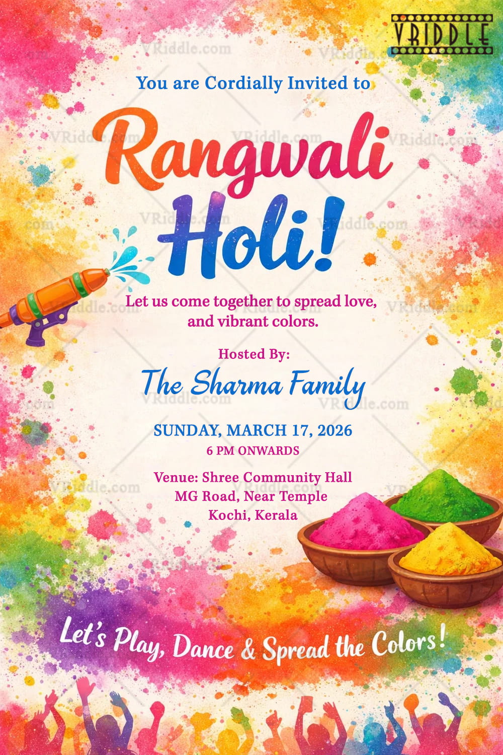 Vibrant Rangwali Holi Invitation with Color Splashes, Pichkari Fun & Festive Energy