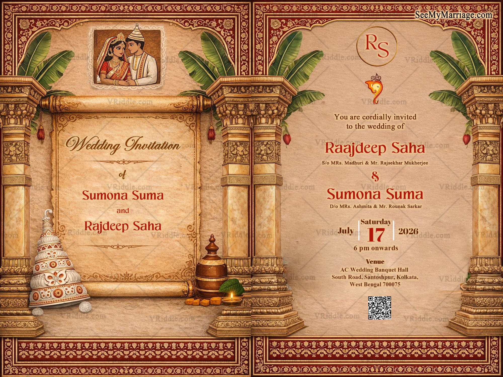Vintage Bengali Wedding Invitation with Grand Temple Pillars, Banana Leaves & Traditional Motifs