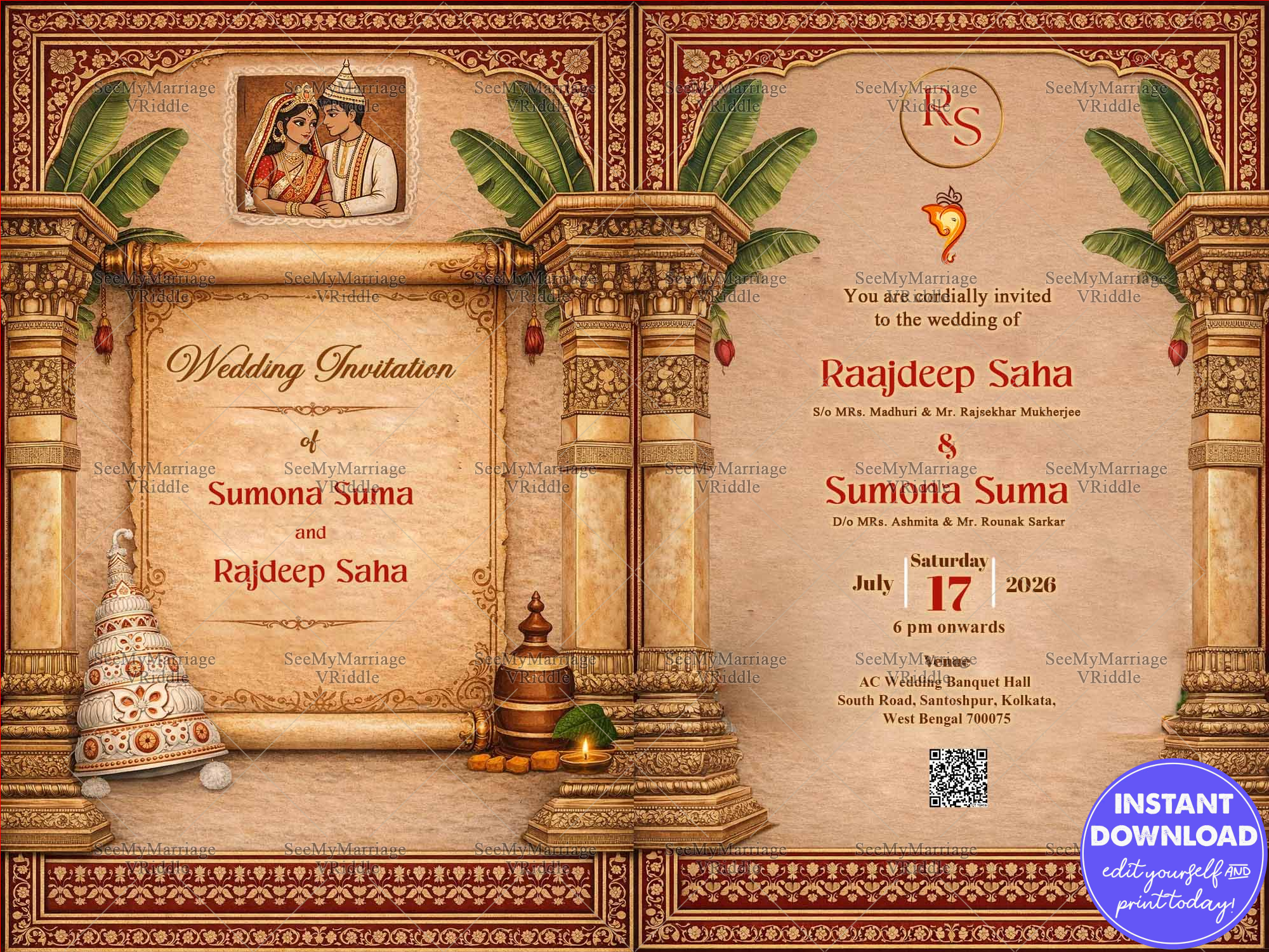Vintage Bengali Wedding Invitation with Grand Temple Pillars, Banana Leaves & Traditional Motifs