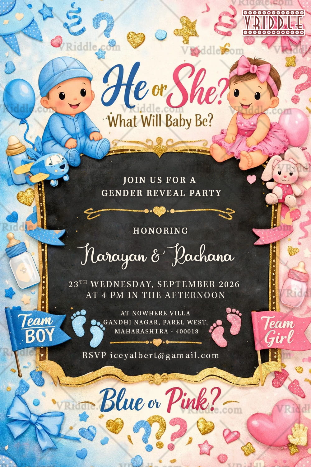 Cartoon Gender Reveal Invitation with Blue & Pink Babies, Chalkboard Center & Gold Accents