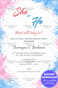 Watercolor Gender Reveal Invitation with Pink & Blue Simple Splash Accents