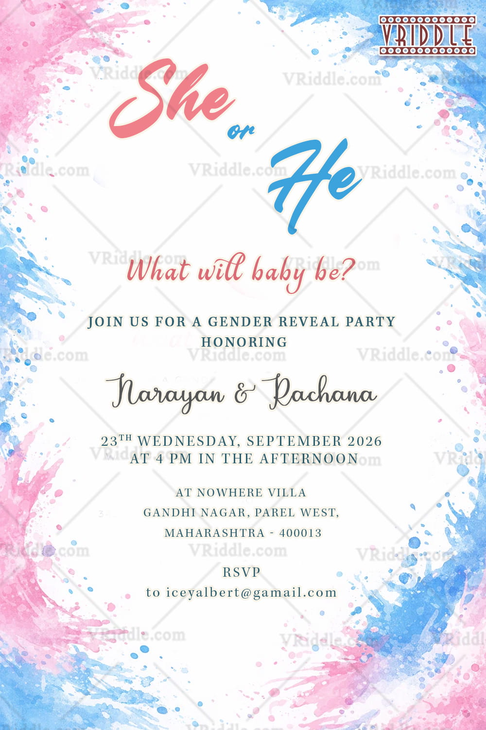 Watercolor Gender Reveal Invitation with Pink & Blue Simple Splash Accents