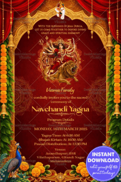 Navchandi Yagna Invitation Card with Goddess Durga on Lion, Golden Temple Arch, Marigold Garlands and Peacock Decorations