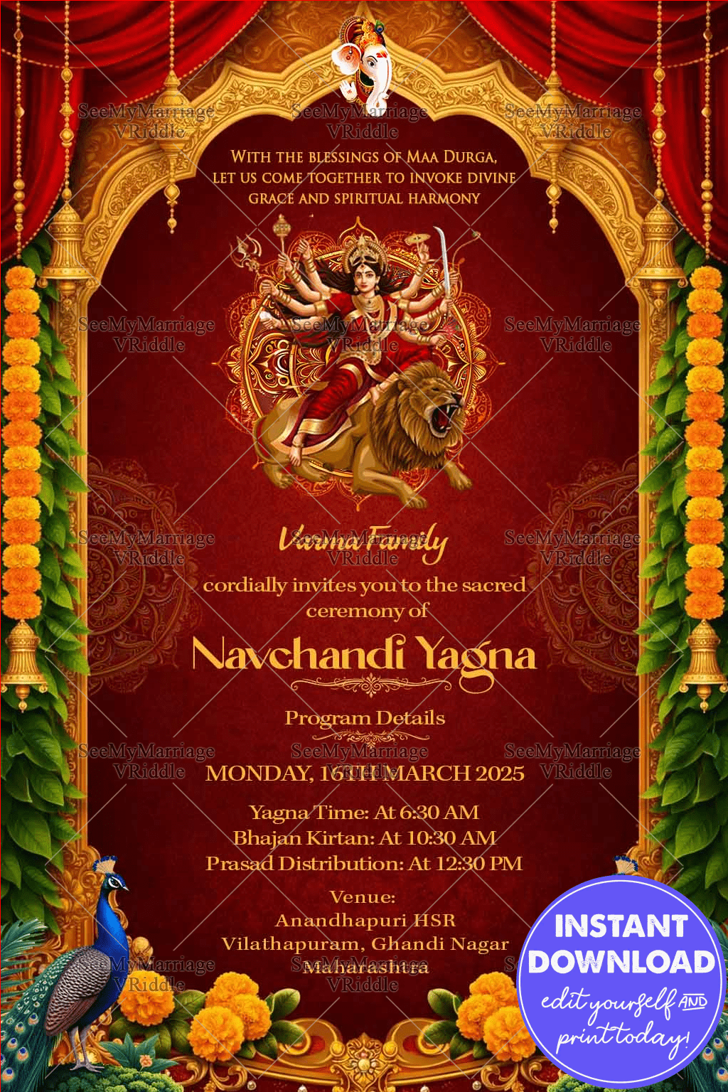 Navchandi Yagna Invitation Card with Goddess Durga on Lion, Golden Temple Arch, Marigold Garlands and Peacock Decorations