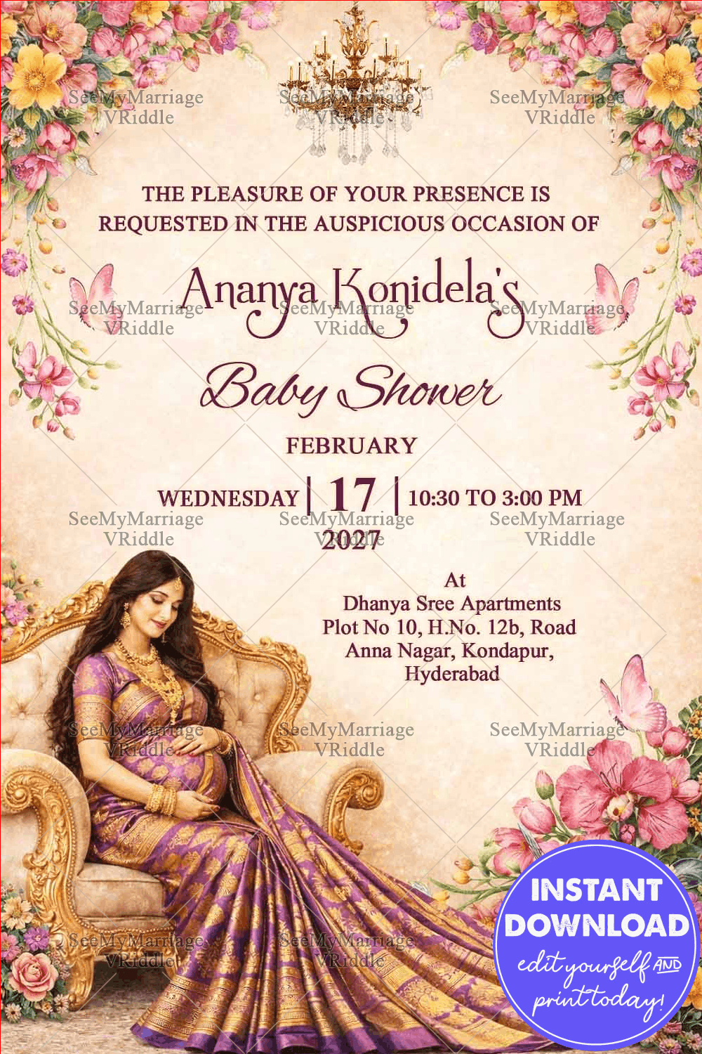 Floral Baby Shower Invitation Card with Chandelier Accent, Butterfly Motifs and Royal Mom-to-Be Illustration in Purple Silk Saree