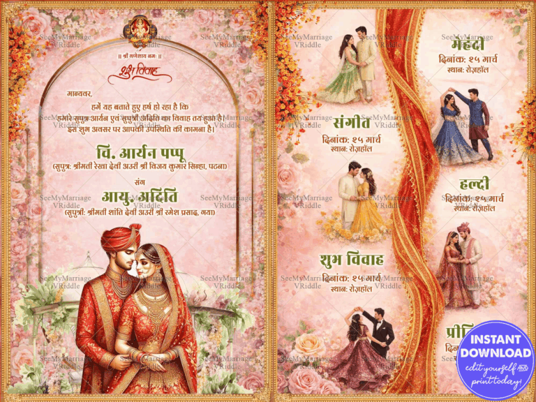 Bhojpuri Wedding Invitation Card with Floral Arch Frame, Royal Bride Groom Portrait and Multi-Event Ceremony