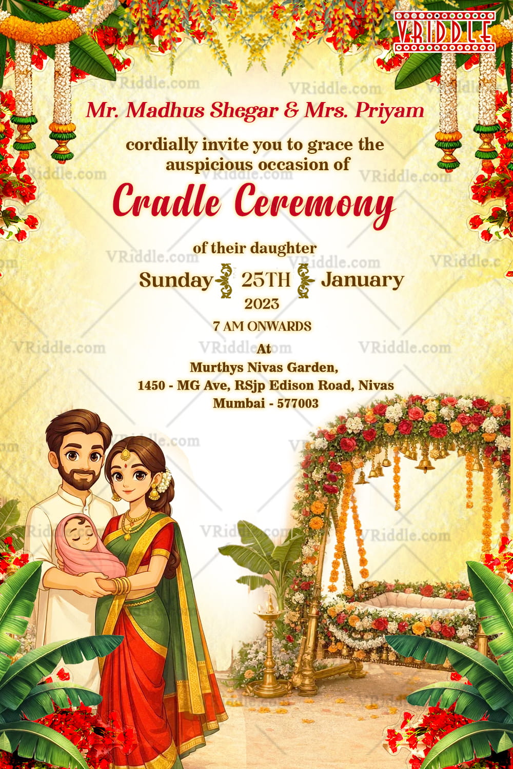 Cradle Ceremony Invitation Card with Floral Swing Cradle Decor, Banana Leaf Toran and Cute Family Illustration Holding Newborn Baby